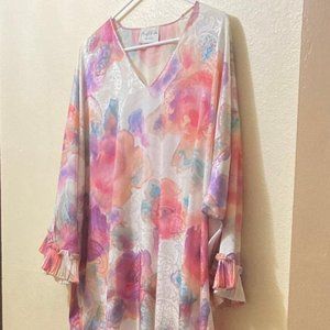 Vintage Mary McFadden Abstract Floral Paisley Maxi Caftan Mumu House Dress L/XL